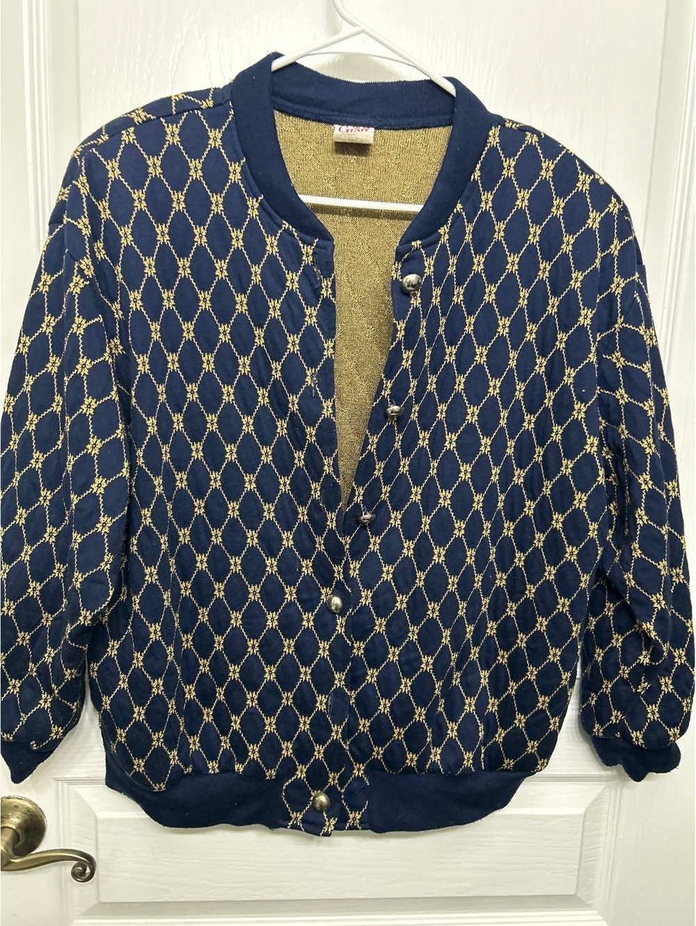 Graff Petite Large Navy Blue and Gold Patterned Bomber Jacket